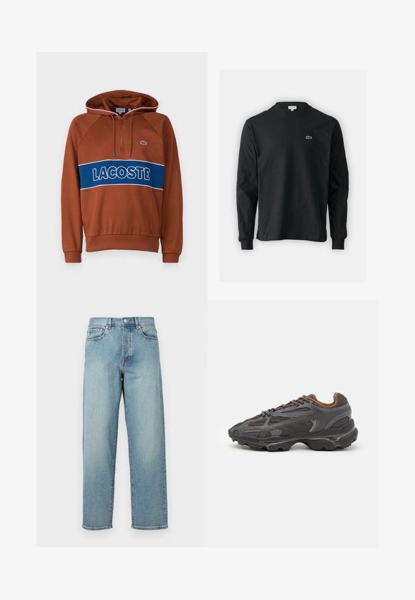 Καφέ φούτερ με φερμουάρ στον λαιμό, αντίθετο μπλε κορδόνι που φέρει κείμενο "LACOSTE", ριμπ μανσέτες και μικρό λογότυπο στο στήθος.; Μαύρο μπλουζάκι με μακριά μανίκια από βαμβάκι, με στρογγυλή λαιμόκοψη και μικρό πράσινο κεντητό λογότυπο κροκοδείλου στην αριστερή πλευρά του στήθους.; Ανοιχτό γαλάζιο τζιν παντελόνι με χαλαρή εφαρμογή, ίσια πόδια, σχέδιο με πέντε τσέπες και κούμπωμα με κουμπί στη μέση. Ελάχιστη λεπτομέρεια ραφής.; Αθλητικά παπούτσια Lacoste σε σκούρο γκρι χρώμα, κατασκευασμένα από διχτυωτό και συνθετικό υλικό, με ελαστική σόλα και καφέ λεπτομέρειες στον γιακά και στο branding.