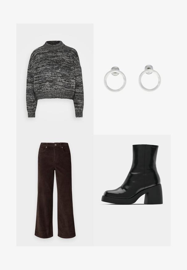 Vero Moda Petite VMDAIMA - Pullover - black/birch/silver; Vero Moda Petite VMTESSA PANTS - Pantalon classique - chocolate torte; Bottines noires à finition brillante, bout carré et épais talon bloc. Le design présente une silhouette homogène et un branding minimal.; Boucles d'oreilles en métal argenté avec une texture brossée, présentant un design circulaire et un fermoir transparent pour un port sécurisé.
