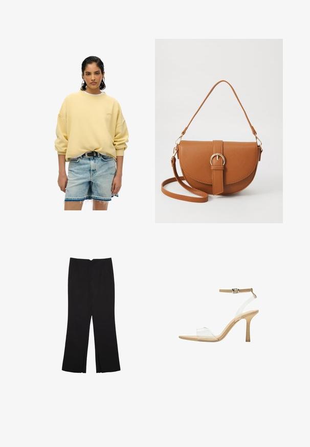 Superdry & Co ESSENTIAL LOGO CREW - Felpa - straw yellow; Pantaloni neri a gamba dritta, con tasche frontali e spacchi laterali all'orlo. Realizzati in tessuto morbido e liscio. Adatti a diverse occasioni.; Sandal con tacco trasparente e parte superiore trasparente, plantare beige e una sottile cinghia alla caviglia. Presenta una punta appuntita e un tacco alto e sottile.; Borsa a tracolla in pelle marrone con forma curvata, hardware dorato e un dettaglio con fibbia. Presenta una tracolla rimovibile.