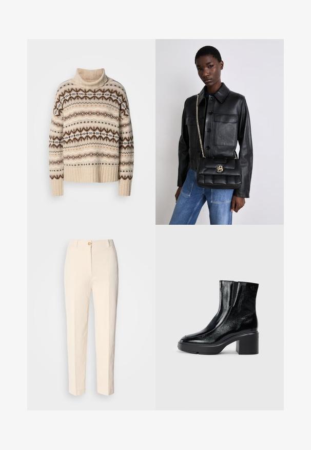 Béžový rolák se žebrovaným lemem. Má geometrický vzor v hnědých a bílých odstínech, který zvýrazňuje různé textury a teplé tóny.; Krémové, vysoké kalhoty vyrobené z texturované látky. Obsahují přední zapínání na knoflík a zúžené nohavice.; Černé lakované kotníkové boty s zakřivenou špičkou, elastickými bočními panely a robustním blokovým podpatkem. Na zadní straně se nachází embosované logo.; Černá kožená bunda s knoflíkovým zapínáním a dvěma předními kapsami, spárovaná s černou prošívanou kabelkou s zlatým uzávěrem a řetízkovým popruhem.