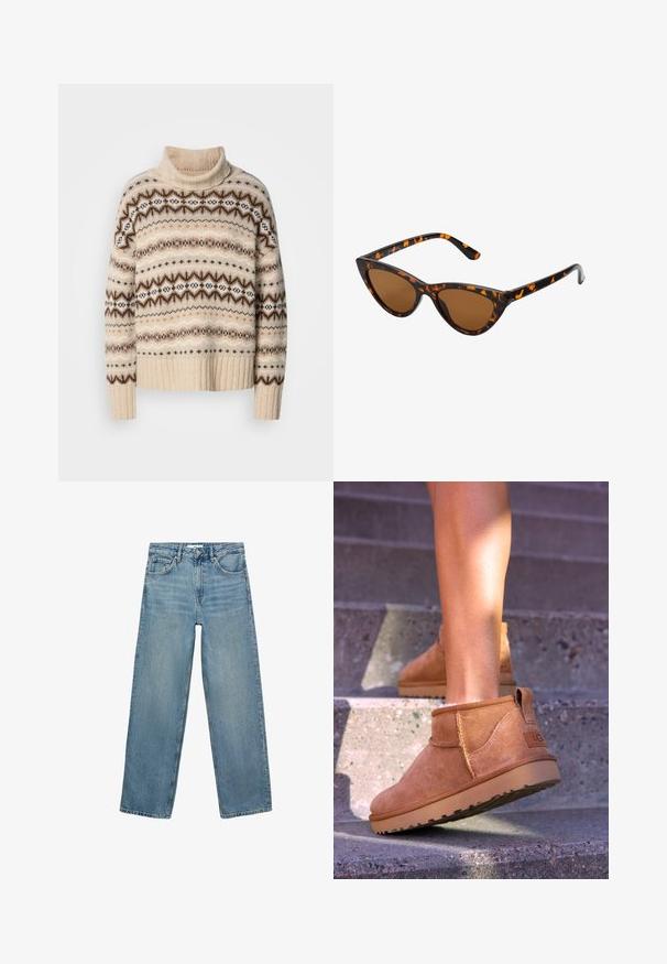 Pulover bej cu guler înalt, având un tiv ondulat. Dispune de un model geometric în nuanțe de maro și alb, evidențiind texturi variate și tonuri calde.; Jeans din denim de un albastru deschis, cu un design drept al piciorului, talie înaltă, cinci buzunare și cusături contrastante. Fără embellishments sau modele prezente.; Botine bej din suede cu o textură moale, detalii cusute și o talpă din cauciuc, având un călcâi cu buclă pentru o utilizare ușoară.; Ochelari de soare în stil cat-eye, cu o ramă din material cu tortoiseshell negru și portocalie, lentile maro și vârfuri elegante, ascuțite. Prezintă un logo minimal pe brățara ochelarilor.