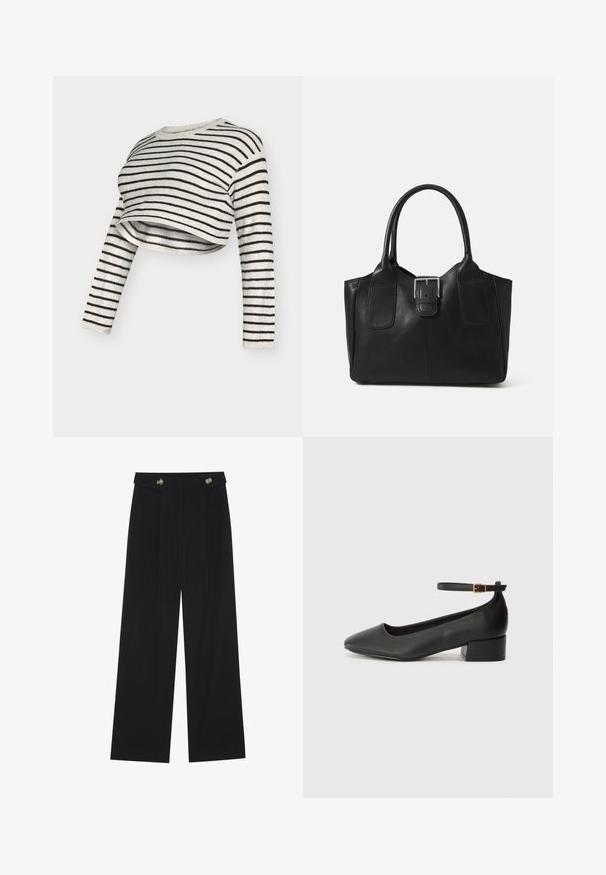 Virkatttu lyhyt neulepaita, jossa on pitkät hihat, vaakasuorat mustat raidat vaaleankeltaisella pohjalla ja pyöreä kaula-aukko.; Mustat leveälahkeiset housut, joissa on korkea vyötärö, napit vyötärönauhassa ja etupuolella laskokset.; Mustat nahkakengät, joissa on terävä kärki ja matala lohkare korko. Varustettu nilkkahihnalla, jossa on kultasävyinen solki. Lisää sileä pinta.; Musta nahkainen olkalaukku, jossa on sileä pinta, ryhdikäs muoto, kaksi kahvaa ja silmienpistävä hopeinen solkiyksityiskohta edessä.