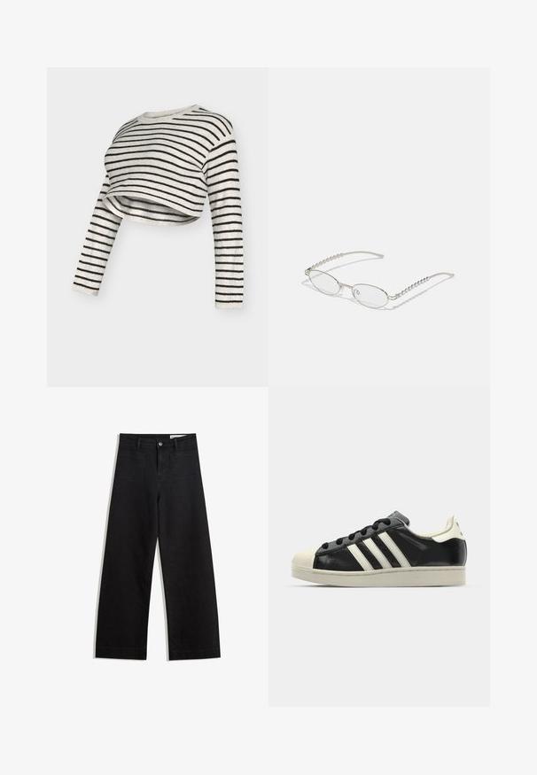 Maglione corto lavorato a uncinetto con maniche lunghe, caratterizzato da strisce orizzontali nere su sfondo crema e scollo arrotondato.; Pantaloni in denim neri a gamba larga con vita alta, dotati di tasche anteriori e posteriori, cuciture a punto, e chiusura con bottone. Texture liscia.; Sneaker in pelle nera con strisce bianche, punta in gomma, lacci neri e suola di colore crema. Texture liscia con finitura brillante.; Occhiali ovali con una montatura in metallo argentato, lenti trasparenti e decorazioni sui templi in perline texturizzate. Design leggero con bracci curvi.
