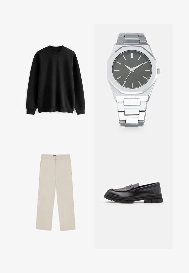 Next TEXTURE CREW  - Felpa - black; Pantaloni beige a gamba larga con una texture liscia, dotati di passanti per cintura, due tasche anteriori e chiusura con zip. Design minimalista.; Mocassini in pelle nera con finitura liscia, dotati di un dettaglio di cinturino anteriore e di una suola in gomma spessa con accenti scanalati.; Orologio analogico argento con cassa ottagonale, quadrante grigio, indicatori delle ore argentati e bracciale in acciaio inossidabile. Design minimalista con texture liscia.