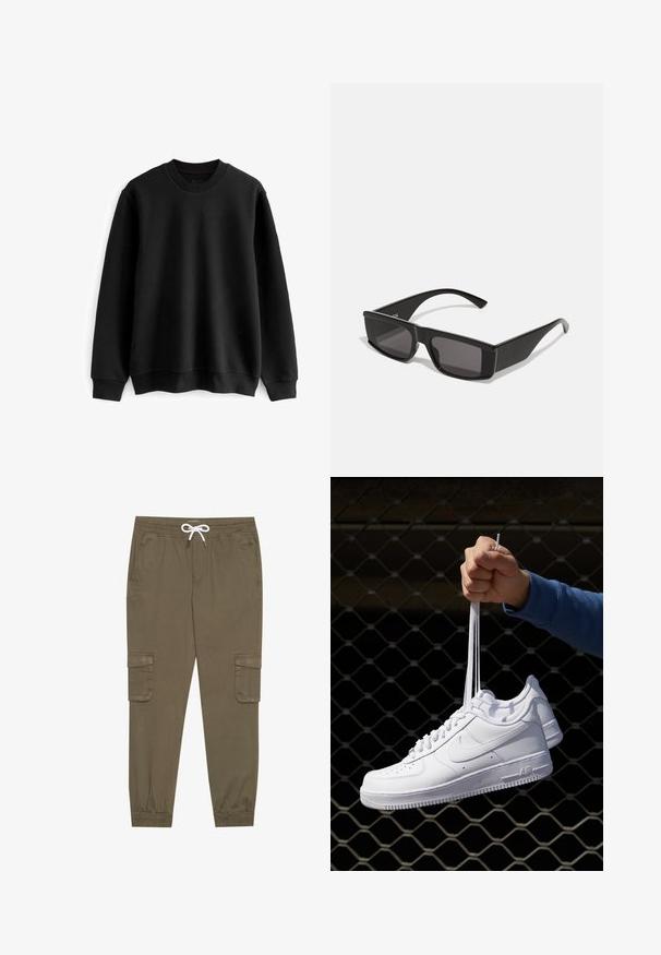 Next TEXTURE CREW - Mikina - black; Khaki cargo nohavice s elastickým pásom a šnúrkou, pričom majú bočné vrecká a zúžené členky. Vyrobené z textúrovaného, ľahkého materiálu.; Biele kožené tenisky s perforáciami, okrúhlou špičkou, plochou podrážkou a hrubými šnúrkami, pričom majú viditeľné logo swoosh a nápis "AIR" na päte.; Čierne slnečné okuliare s obdlžnikovými rámami a tmavými sklami. Vyrobené z lesklého plastu, s ostrým dizajnom a štíhlymi stranicami.