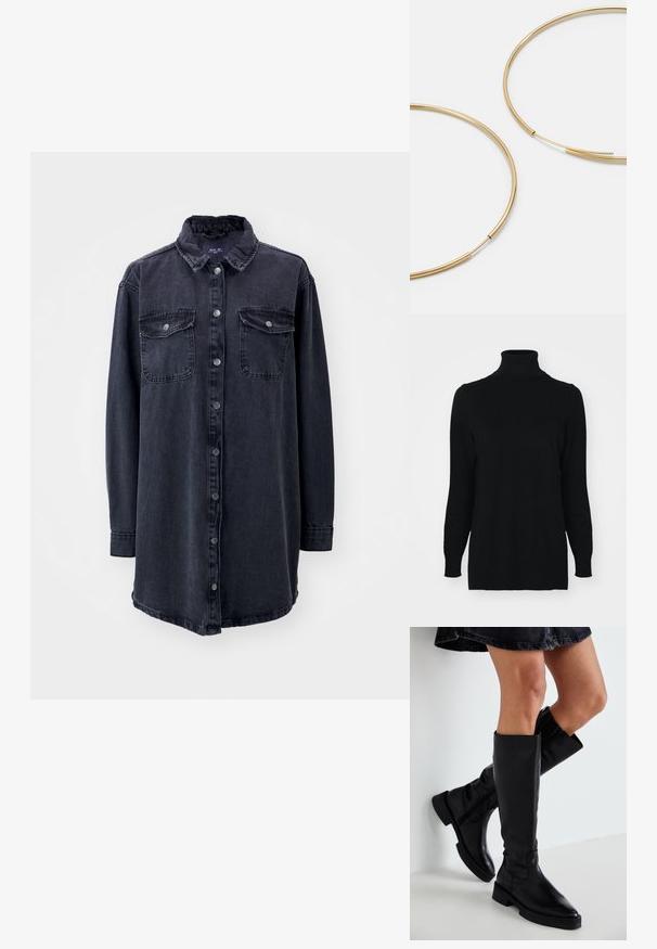 Schwarzer Rollkragenpullover aus weichem Strickstoff. Verfügt über lange Ärmel sowie einen gerippten Kragen und Bündchen, die eine enganliegende Passform und eine glatte Textur bieten.; Dunkelblaustes Denim-Hemd mit Kragen, langen Ärmeln, vorderem Knopfverschluss und zwei Brusttaschen. Hat eine leicht lockere Passform und einen abgerundeten Saum.; Schwarze Leder-Stiefel bis zum Knie mit spitzem Fuß, flacher Sohle und minimaler Naht. Glatte Textur und einfaches Design ohne Verzierungen.; Goldfarbene Ohrringe in Form von dünnen, runden Kreolen, mit einer glatten, metallischen Oberfläche und ohne Verzierungen oder Muster.