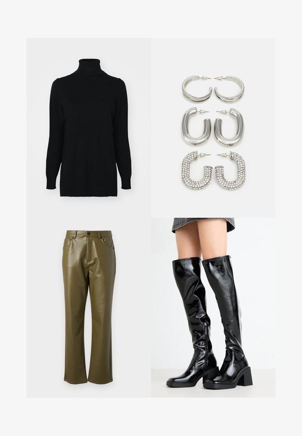 Schwarzer Rollkragenpullover aus weichem Strickstoff. Verfügt über lange Ärmel sowie einen gerippten Kragen und Bündchen, die eine enganliegende Passform und eine glatte Textur bieten.; Olivgrüne Kunstlederhose mit geradem Schnitt. Mit Fronttaschen und einem Reißverschluss mit Metallknopfverschluss. Glatte Textur.; Schwarze, glänzende kniehohe Stiefel mit eckiger Spitze und blockiertem Absatz. Mit einem seitlichen Reißverschluss und einem taillierten, strukturierten Design.; Vier Paar silberne Ohrringe: zwei glänzende, glatte Creolen-Designs, eines mit Textur und eines mit kleinen, klaren Strasssteinen bedeckt.