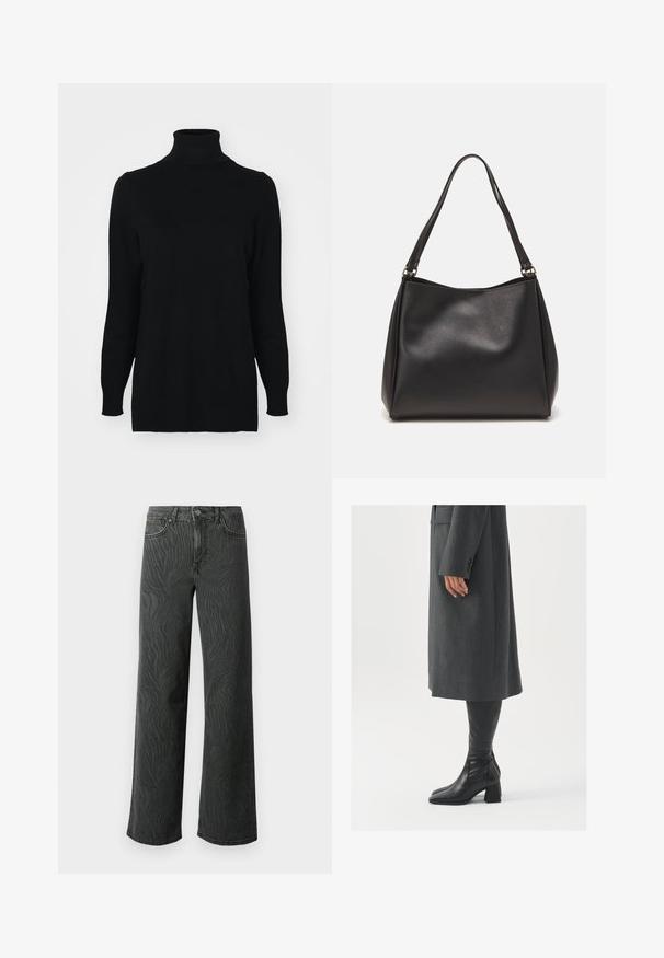 Melnā augstākā apkakle adīta no mīksta dzijas auduma. Aprīkota ar garām piedurknēm, ribotām apkakli un aprocēm, nodrošinot pieguļošu piegriezumu un gludu tekstūru.; Plaša kāju džinsi tumši pelēkā denimā, ar vieglu zebra rakstu tekstūru, kontrastējošām šuvēm un piecu kabatu dizainu ar pogu aizdari.; Pelēks, pielāgots mētelis ar taisnu griezumu; kombinēts ar melniem ādas zābakiem līdz ceļiem, kuriem ir kvadrāta formas purngals un masīla dūre.; Melna sintētiskā ādas rokas soma ar mīkstu tekstūru, hobo formas un divām plecu siksnām; iezīmējas ar spīdīgu apdari un minimālistisku dizainu.