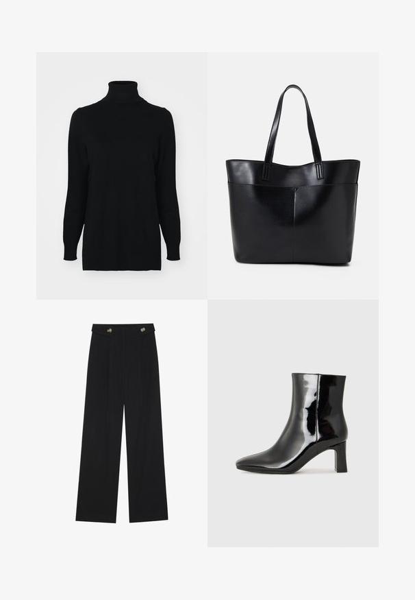 Schwarzer Rollkragenpullover aus weichem Strickstoff. Verfügt über lange Ärmel sowie einen gerippten Kragen und Bündchen, die eine enganliegende Passform und eine glatte Textur bieten.; Schwarze weite Hosen mit hoher Taille, Knopfdetails am Bund und vorderen Falten.; Schwarzer Lackleder-Stiefelette mit spitzer Zehe und einem mittelhohen Blockabsatz. Glatte Textur und minimalistisches Design.; Schwarze Leder-Shopper-Tasche mit zwei langen Griffen, einer glatten Textur und einer strukturierten Form. Verfügt über eine Vordertasche für zusätzlichen Stauraum.