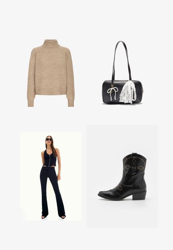 Bežový rolákový sveter z jemnej pleteniny. Má raglánové rukávy, ribovaný výstrih a manžety s voľným strihom.; Čierny skrátený top s predným zipsom, kombinovaný s čiernymi zvýšenými rozšírenými nohavicami. Modelka nosí tmavé slnečné okuliare a vysoké sandále.; Čierne kožené kovbojské topánky s dekoratívnym oranžovým prešívaním a vystuženým dizajnom. Majú krátky zúžený podpätok a špicatú špičku.; Even&Odd Kabelka - black