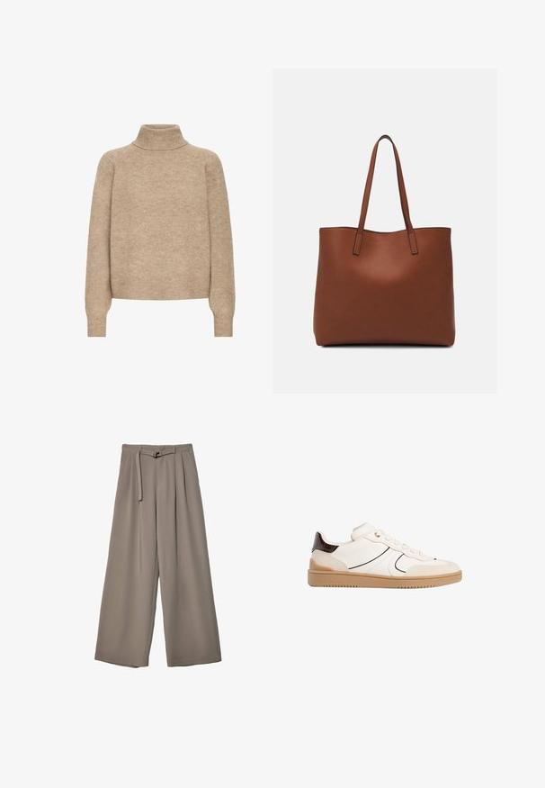 Beige Rollkragenpullover aus weichem Strickstoff. Mit Raglansäulen, geripptem Kragen und Bündchen sowie einer lockeren Passform.; Weite Hose aus einem weichen, gedämpften grauen Stoff, mit einem taillierten Bund und Falten für zusätzliche Design-Details. Glatte Textur, keine Muster.; Stradivarius Sneaker low - white; Braune Leder-Tote mit glatter Textur, offenem Oberteil und zwei Schulterriemen. Verfügt über minimale Nähte und keine sichtbaren Beschläge.