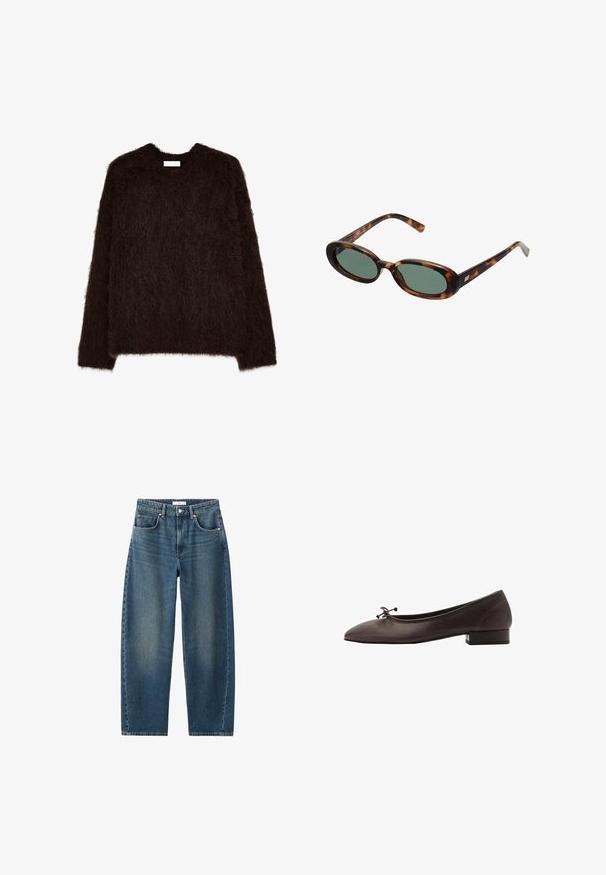 Tummanruskea pörröinen neule, jossa on pyöreä kaula-aukko ja pitkät hihat. Se on valmistettu teksturoidusta, pehmeästä materiaalista, jossa on väljä mitoitus ja minimaalinen muotoilu.; Hihaton valkoinen mekko, jossa on pyöreä kaula-aukko ja epäsymmetrinen helma, joka laskeutuu pisteeseen toisella puolella.; Tummansiniset farkut suoran lahkeiden, viiden taskun muotoilun ja klassisen nappikiinnityksen kanssa. Pehmeä tekstuuri, jossa on hentoa kulumista.; Ruske kožne balerinke s zaobljenim vrhom i malim blok petom. Imaju tanke mašne sprijeda i suptilne šavove.; Kilpikonnakuosisuntit, joissa on soikeat kehykset ja vihreät linssit. Ominaisuuksiin kuuluu ohuet varret, joissa on metallinen korostus saranan lähellä.; Kudottu keltainen käsilaukku, jossa on kaareva yläkahva ja rakenne, joka ei ole jäykkä. Teksturoitu pinta sisältää ristikkäisen kuvion.