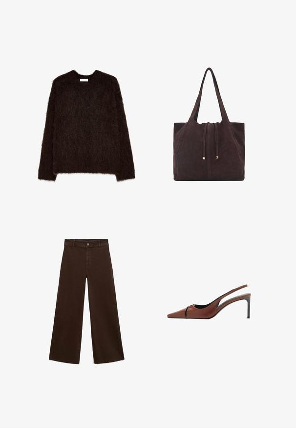 Maglione fuzzy marrone scuro con colletto a girocollo e maniche lunghe, realizzato in un materiale morbido e strutturato, con una vestibilità ampia e un design minimal.; Pantaloni larghi marroni in misto cotone, caratterizzati da orlo sfrangiato, chiusura frontale con bottone e classico design a cinque tasche. Minimalisti e versatili.; Scarpa con tacco slingback in pelle marrone con punta appuntita, dettaglio a taglio sulla tomaia e un elegante tacco a stiletto. Texture liscia.; Mango Shopping bag - dark brown