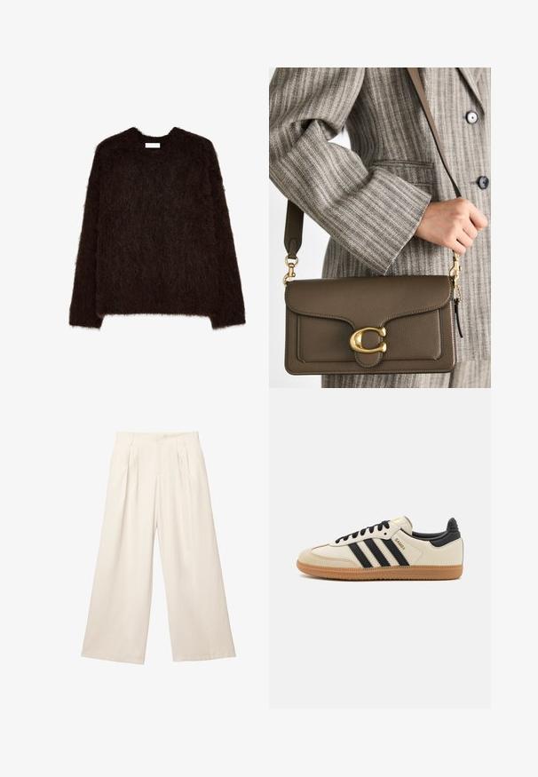Dunkelbrauner, flauschiger Pullover mit Rundhalsausschnitt und langen Ärmeln, aus einem strukturierten, weichen Material mit lockerer Passform und minimalistischem Design.; Weite Hosen in einem hellbeigen Farbton aus einem weichen, strukturierten Stoff. Mit vorderen Falten und einem elastischen Bund für einen entspannten Sitz.; Beige Sport Schuh mit schwarzen Streifen, Gummisohle und schwarzen Akzenten. Verfügt über ein Obermaterial aus glattem Leder und ein rundes Zehendesign.; COACH TABBY SHOULDER BAG 26 - Handtasche - dark stone; Goldene Kettenhalskette mit verlängerten, rechteckigen Gliedern. Getragen über einem schwarzen Hemd mit Spitzenkragen, das eine glatte, polierte Oberfläche zeigt.