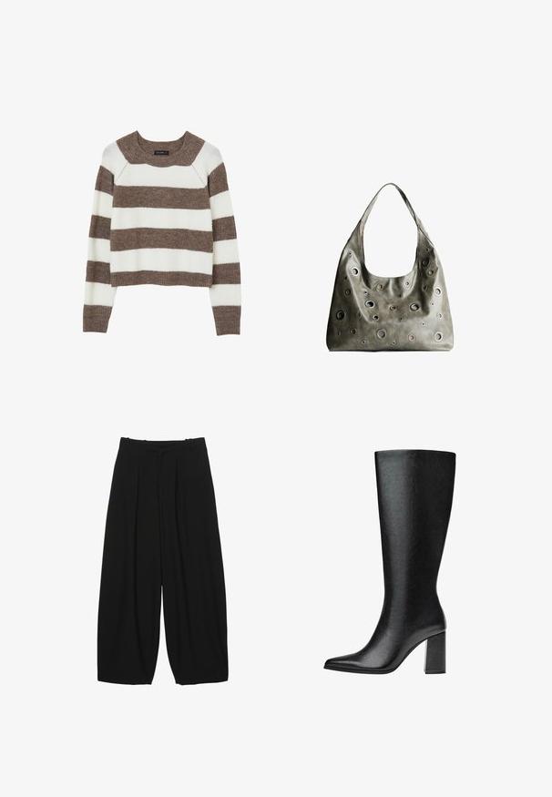 Calliope RAYÉ À COL RAS DU COU - Jumper - une variante; Black wide-leg trousers made of smooth fabric, featuring front pleats and a fitted waistband. The shape is loose with a relaxed drape.; Black knee-high boot made of faux leather with a pointed toe, smooth texture, and a chunky block heel. Minimalist design with no visible accents.; Olive green leather handbag with a slouchy design, featuring various sized circular cutouts and accents in darker and lighter shades.