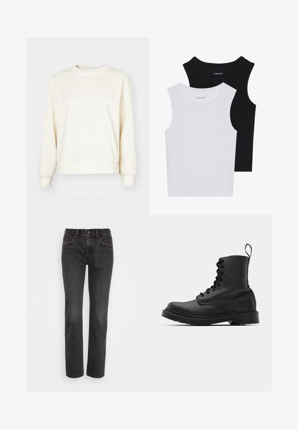 Kremna puloverica izdelana iz mehkega materiala, z dolgimi rokavi, zaobljenim izrezom in rebrastim robom ter manšetami. Gladka tekstura, minimalističen dizajn.; Dve brezrokavne majice v črni in beli barvi, izdelane iz rebrastega bombaža, z okroglimi izrezi in prilegajočim oblikovanjem. Oznake so vidne na obeh.; Črne traper hlače z ravnim krojem, ki imajo klasičen pet-pocket dizajn, zadrgo in kontrastno šivanje ob šivih.; Črne usnjene vojaške škornje s okroglo konico, z vezalkami spredaj in z zanko na gležnju. Imajo debele gumijaste podplate za dolgo življenjsko dobo.