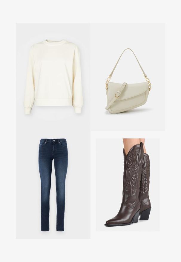 Krēmkrāsas džemperis, kas izgatavots no mīksta auduma, piedāvā garās piedurknes, apaļu dekoltē un ribotām piedurknēm un apakšmalai. Gluda tekstūra, minimāls dizains.; Balta bezpiedurkņu topiņš no ribotā auduma, ar noapaļotu kakla izgriezumu un pieguļošu siluetu, ar minimālām šuvēm un bez rotājumiem.; Tumši zili skinny džinsi, izgatavoti no denima, ar klasisku piecu kabatu dizainu, pogu aizdari un nelielu izbalējumu uz augšstilbiem.; Brūni ādas kovboju zābaki ar norādītu purngalu un blokveida papēdi, ar detalizētu šūšanu un paceltiem akcentiem uz kājas daļas.; Maza krēmkrāsas rokas soma ar teksturētu apdari, garu regulējamu siksniņu, ķēdes akcentu un vāciņa aizdari. Zelta aparatūras detaļas.