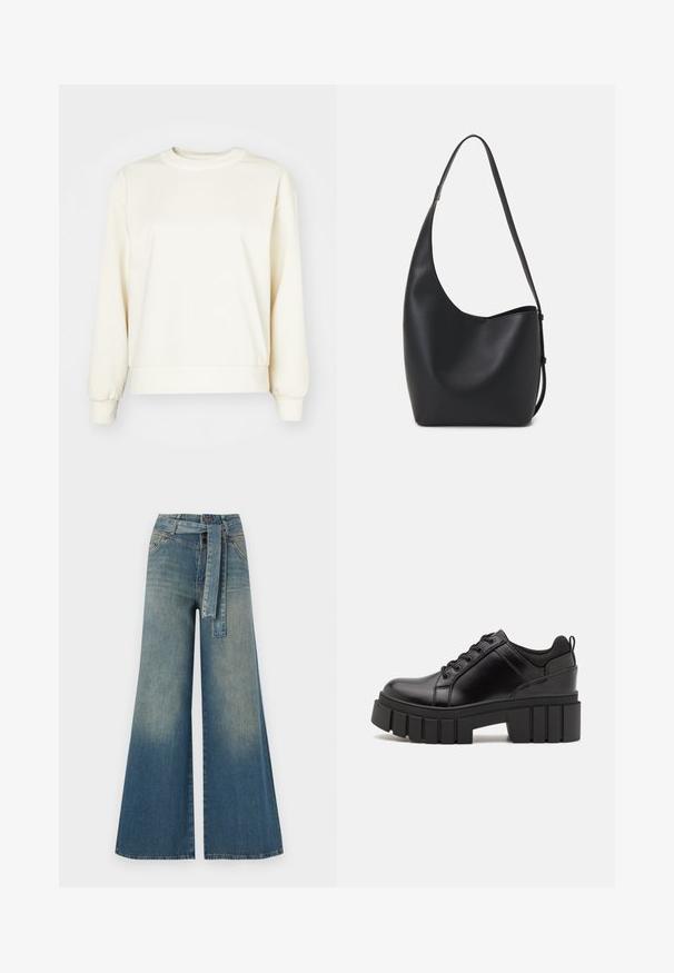 Kremfarget genser laget av mykt stoff, med lange ermer, rund hals og ribbestrikket hem og mansjetter. Jevn tekstur, minimalistisk design.; Bredde ben jeans med en lyseblå til mørkeblå gradient, høyt liv, beltehemper og et matchende belte i samme stoff. Teksturert denimoverflate.; Svarte lærplattformsko med kraftig blokkhell, rund tå og tradisjonell snøring. Har en jevn tekstur og minimal detaljering.; Svart lær hobo-veske med glatt tekstur, buet form og enkelt justerbart stropp; har en bred åpning på toppen.