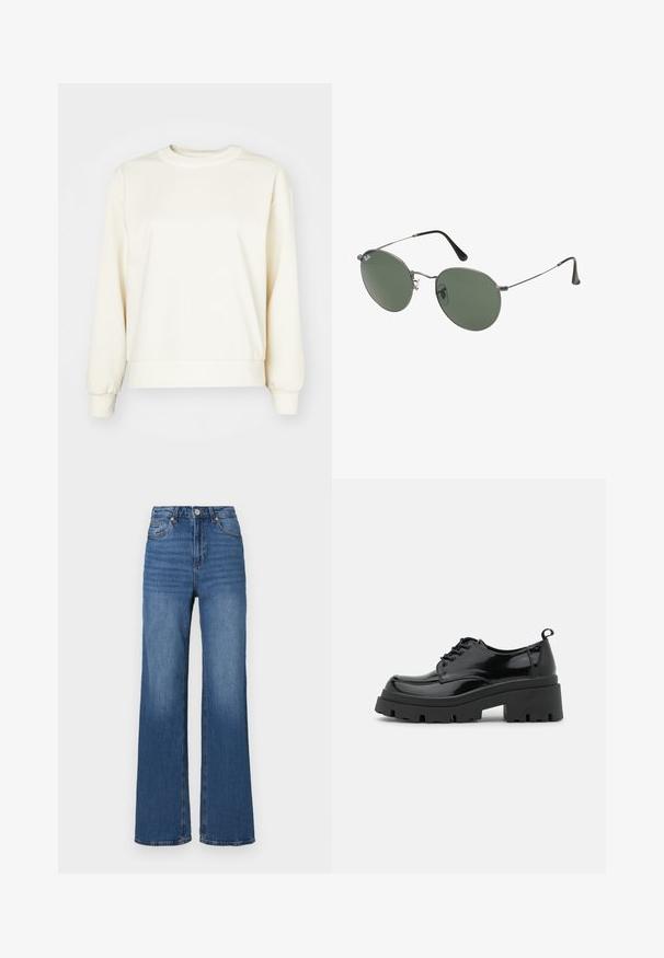 Sudadera crema hecha de una tela suave, con mangas largas, un cuello redondeado y un dobladillo y puños de canalé. Textura suave, diseño minimalista.; Jeans azules de tiro alto y pierna ancha, fabricados en denim, con un diseño clásico de cinco bolsillos y un ligero desvanecimiento a lo largo de las piernas.; Zapatos de charol negros con una suela de plataforma gruesa y cordones gruesos. Punta redondeada, detalles mínimos y una pequeña lengüeta en la parte trasera.; Gafas de sol con marco de metal y lentes ovalados verdes. Marco delgado de metal plateado y puntas de las orejas negras. Diseño minimalista, sin logotipos visibles.