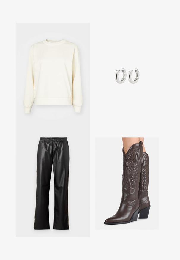 Sweatshirt crema realizzato in tessuto morbido, con maniche lunghe, scollo rotondo e orlo e polsini a coste. Texture liscia, design minimal.; Pantaloni neri in ecopelle con vita elasticizzata, design a gamba dritta e strisce laterali a contrasto. Texture liscia e stile minimalista.; Stivali da cowboy in pelle marrone con punta affusolata e tacco a blocco, caratterizzati da dettagliati ricami e accenti rialzati sul gambale.; Orecchini a cerchio in argento con una finitura lucida, caratterizzati da un design circolare e cerniere senza soluzione di continuità, che mostrano una superficie liscia.