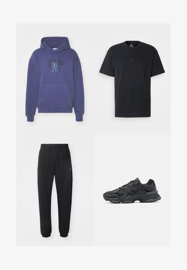 GAP Sweatshirt com capuz - dark blue; T-shirt de algodão preto da Nike com um clássico decote redondo, mangas curtas e um logótipo em relevo discreto no peito. Textura suave.; Calças de treino pretas feitas de material suave, com cintura elástica, cordão e punhos ajustados, apresentando um logótipo discreto na lateral.; Sapato de corrida preto com uma combinação de malha e materiais sintéticos, sola robusta, design curvado e uma marca de destaque na lateral.
