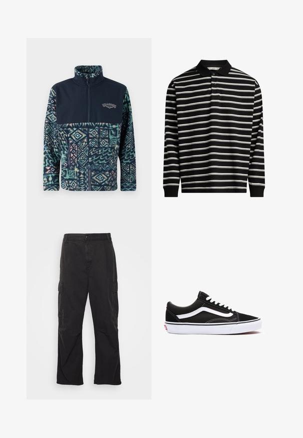 Fleece-pullari, jossa on tummansininen yläosa ja kuvioitu alaosa vihreän, sinisen ja vaaleanpunaisen sävyissä, varustettuna vetoketjulla ja logolla.; Pitkähihainen poolopaita, joka on valmistettu mustasta kankaasta, jossa on valkoisia vaakaraitoja. Paidassa on kaulus ja kolme napinläpeä.; Mustat cargo-housut suoralinjaisella muotoilulla, joissa on kaksi sivutaskua, nappikiinnitys ja teksturoitu kangas.; Mustat kangaskengät valkoisilla yksityiskohdilla, joissa on pyöreä kärki, nauhakiristys ja kumipohja. Sivuilla näkyy logo ja ompeludetaljit.