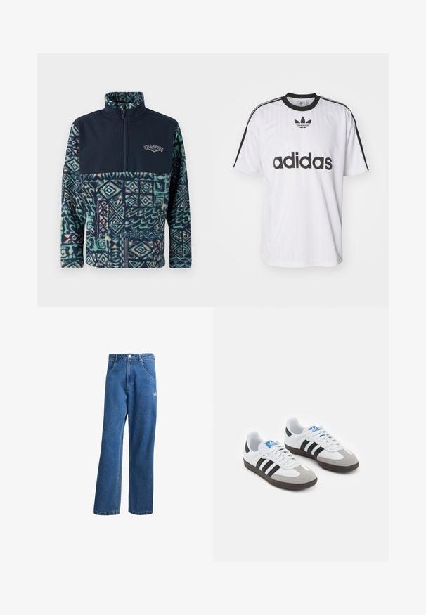 Pullover in pile con parte superiore blu navy e parte inferiore a fantasia nelle tonalità di verde, blu e rosa, con zip e dettagli del logo.; T-shirt bianco Adidas con dettagli neri, colletto rotondo e un grande logo nero sulla parte anteriore. Maniche corte con strisce nere. Tessuto testurizzato.; Jeans di denim a vita alta e gamba larga blu, con tasche frontali, passanti per cintura, chiusura a bottone e piccolo logo Adidas sulla coscia destra.; Scarpe sportive con tomaia in pelle bianca, punta in suede grigia e tre strisce nere. Presentano un logo blu sulla linguetta e una suola in gomma testurizzata.