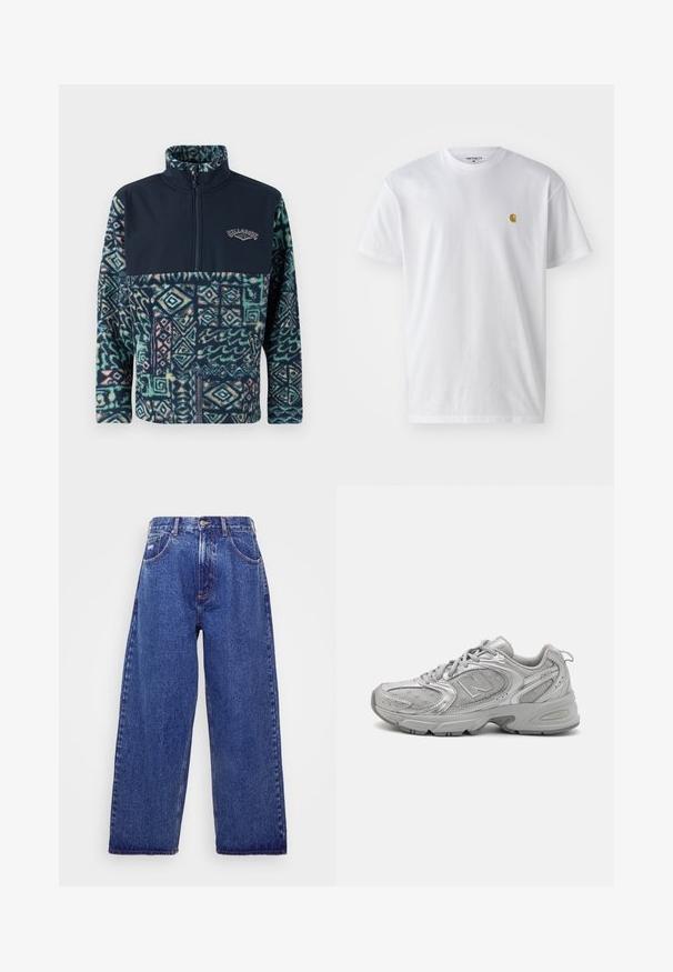 Fliisist pullover, millel on tumesinine ülemine osa ja mustriline alumine pool roheline, sinise ja roosa varjundiga, sisaldab lukku ja logo detaile.; Valge puuvillane t-särk lühikeste varrukatega, ümmargune kaelus, millel on väike kuldne logo vasakul rinnal. Pehme tekstuur ja regulaarne lõike.; Laiad sinised denim püksid kõrge vöökohaga, viie tasku, nupukinnitusega ja õrna pleekimisega tekstuuri jaoks.; Hõbedane sportlik jalanõud, millel on stiilne disain, võrkpaneelid, pehmendatud keel, tekstureeritud sünteetiline pealmine osa ja kummist välistald haardumise tagamiseks.