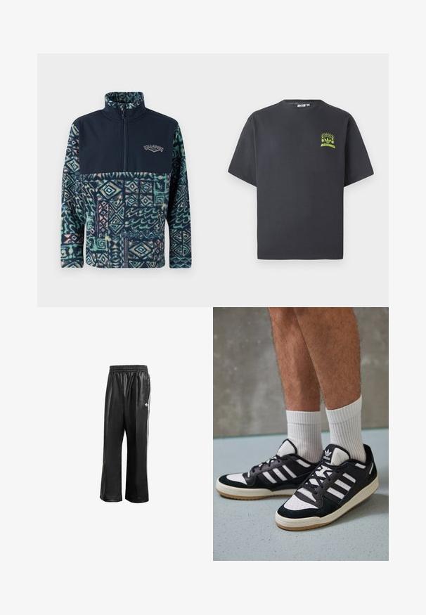 Fleece pullover with a navy upper section and patterned lower half in shades of green, blue, pink, featuring a zip and logo detail.; Charcoal gray Adidas T-shirt with short sleeves and a small neon green graphic of speakers, sun, and Adidas logo on left chest.; Black synthetic track pants with an elastic waistband, featuring white side stripes and a small white logo on the left hip.; Black and white sneakers with a suede and leather upper, featuring three white stripes, a perforated toe, and a gum rubber sole.