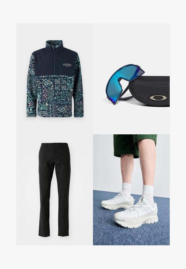 Fleece pullover met een marineblauw bovenstuk en een patroon op de onderste helft in tinten groen, blauw en roze, met een rits en logo-detail.; Zwarte broek van lichtgewicht stof, met een rechte broekspijpenontwerp, sluiting met knoop aan de voorkant en zijzakken. Glad textuur.; Witte sportieve schoenen met textuuroverlays, een dikke zool en grijze accenten. Draag ze met witte crew-sokken en groene shorts op een blauwe ondergrond.; Blauw getinte wraparound zonnebril met een sportief ontwerp, rustend op een gestructureerde zwarte hoes met een metallic logo accent.