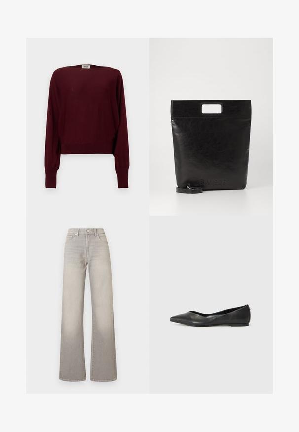 Burgundy long-sleeve sweater made of soft material, featuring a wide neck, ribbed cuffs, and a cropped hemline. Seamless design, plain texture.; Gray wide-leg jeans with a faded finish, button closure, five-pocket design, and stitched detailing along the seams.; Black leather ballet flat with a pointed toe, low heel, and smooth texture. Minimal design with a subtle side accent.; Black leather tote bag with a square handle, featuring a textured finish and embossed logo. Includes a detachable strap.