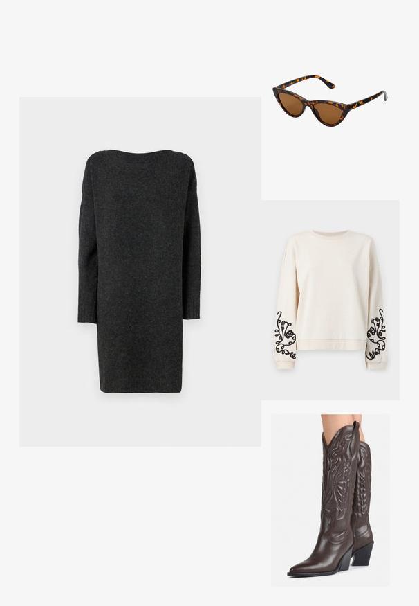 Krém színű pulóver kerek nyakkivágással, esett vállakkal és fekete absztrakt hímzéssel az ujjakon. Puha, texturált anyag.; Hosszú, sötétszürke pulóverruha, puha, strukturált anyagból készült. Széles nyakkivágással és hosszú, testre simuló ujjakon bordázott mandzsettával rendelkezik.; Barna bőr cowboy csizmák hegyes orral és blokk sarkal, részletes varrással és kiemelkedő díszítésekkel a szárán.; Cica szemüveg fekete és narancssárga teknőc pánttal, barna lencsékkel és sima, hegyes végekkel. A templomán egy minimalista logó található.