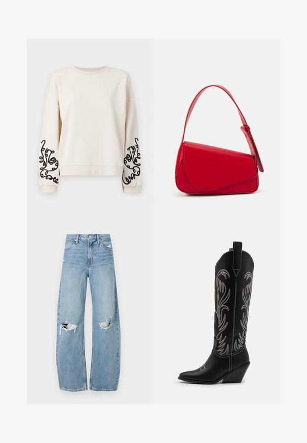 Krémová mikina s kulatým výstřihem, spadlými rameny a černým abstraktním vyšíváním na rukávech. Měkká, strukturovaná tkanina.; Světle modré džíny s vysokým pasem vyrobené z denimu. Mají široké nohavice, dvě roztržené oblasti na kolenou a klasický pětikapsový střih.; Černé kožené kovbojské boty s špičatými špičkami, podpatky ve tvaru klínu a stříbrně vyšívanými květinovými vzory po celé délce. Kontrastní prošívání po celém obvodu.; Červená kožená kabelka s ostrým, geometrickým designem. Má jeden nastavitelný popruh a klopu s prošívanými detaily.