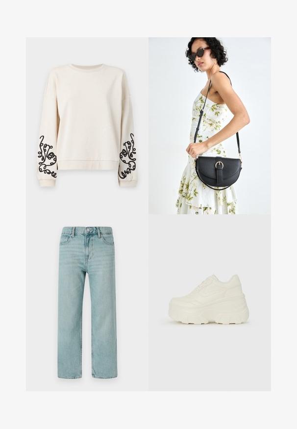 Cream-colored sweatshirt with a round neckline, dropped shoulders, and black abstract embroidery on the sleeves. Soft, textured fabric.; Light blue wide-leg jeans made from denim, featuring a classic five-pocket design, clean lines, and a regular waistband with a button closure.; White platform sneakers featuring a smooth leather-like upper, rounded shape, padded collar, and textured rubber sole with defined treads.; Black leather handbag with a curved shape, detachable strap, and gold hardware. The bag features a flap with a buckle detail.