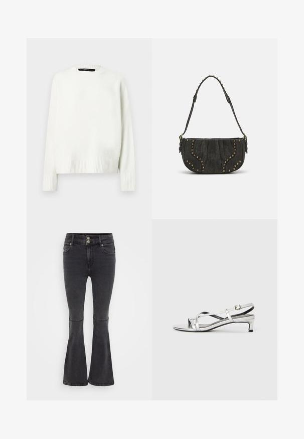 Balta megzta megztinis su apvalia apykakle, ribuotais rankogaliais ir kraštu. Minkšta tekstūra ir laisvas kirpimas, su nuleistais pečiais.; Juodos flared džinsai, pagaminti iš džinsinio audinio, su aukštu liemeniu, dvigubu mygtuko uždarymu ir priekinėmis kišenėmis su švariu apdaila.; Sidabrinės metalinės slingback basutės su žemu kulnu, turinčios kryžminius dirželius ir lygų tekstūrą. Minimalistinis dizainas.; Juodas zomšinės rankinės su išlenktu dizainu, su vinių akcentais ir tekstūruota paviršiumi. Reguliuojama petneša su viniukų detalėmis aplink kraštą.; Sidabriniai auskarai-žiedai su lygiu, apvaliu dizainu ir blizgiu paviršiumi. Jie yra ploni ir lengvi, turintys paprastą užsegimą.