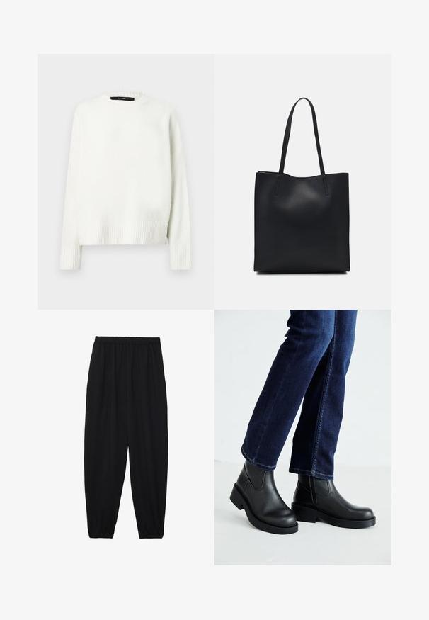 Hvit, strikket genser med rund hals, ribbestrikkede mansjetter og kant. Myk tekstur og avslappet passform, med senkede skuldre.; Svarte, lette bukser med elastisk liv og rynkede ankler. Stoffet er glatt og har en avslappet, innsvingt design.; Sorte lær ankelsko med en kraftig såle og elastiske paneler på siden, kombinert med mørkeblå jeans. Underlaget er lyst.; Svart lær tote bag med glatt tekstur, rektangulær form og to lange håndtak. Ingen synlige deler eller dekorasjoner.