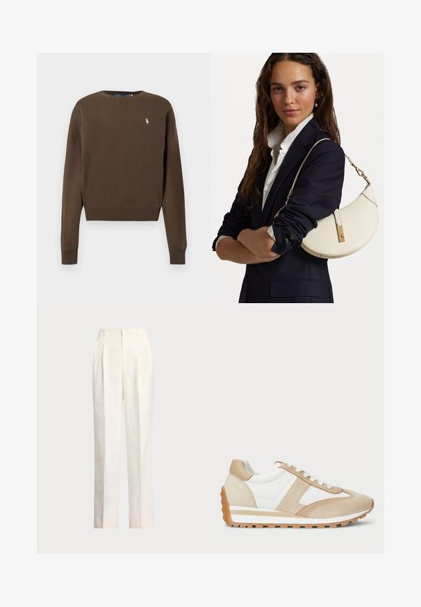 Brown cotton sweatshirt with a round neck, long sleeves, ribbed cuffs, and a small embroidered logo on the left chest. Smooth texture.; Polo Ralph Lauren HEMP WIDE LEG PANT - Trousers - nevis; Lauren Ralph Lauren DANI SUEDE & LEATHER SNEAKER - Trainers - snw wht/sand dune/sand dune; White leather handbag with a curved shape, gold hardware, and a textured finish, worn over a dark blazer and white shirt.