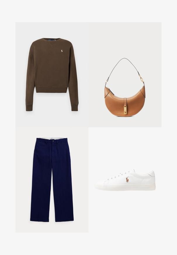 Sweatshirt de algodão castanha com decote redondo, mangas compridas, punhos canelados e um pequeno logotipo bordado no lado esquerdo do peito. Textura suave.; Calças de perna reta em azul-marinho, com passantes para cinto, fecho com botão e bolsos laterais, em um fundo claro liso.; Sapatilhas de couro brancas, design de cano baixo, com textura suave, biqueira redonda, atacadores à frente e um pequeno logótipo bordado na lateral.; Bolsa de couro castanho-claro com um formato curvado, detalhes em ouro e uma alça de ombro fina. Apresenta um fecho de zipper e um detalhe de logótipo na parte frontal.
