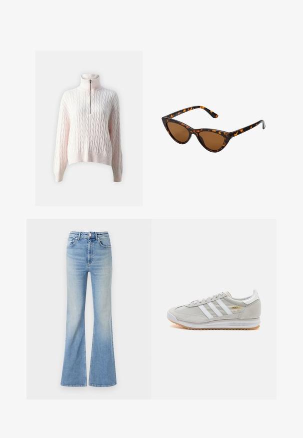 Light pink cable-knit sweater with a high collar, featuring a half zipper and ribbed hem and cuffs. Soft textile with a textured pattern.; Light blue flared jeans made of denim, featuring a high waist, five-pocket design, and subtle gradient fading towards the hem.; Light grey sneaker made of suede and mesh, featuring three white stripes, round toe, and a gum rubber sole. Gold logo accent near laces.; Cat-eye sunglasses with a black and orange tortoiseshell frame, brown lenses, and sleek, pointed tips. Features a minimal logo on the temple.; Silver hoop earrings with a twisted design, featuring a polished finish and post-back closure. Measure approximately 3 cm in diameter.