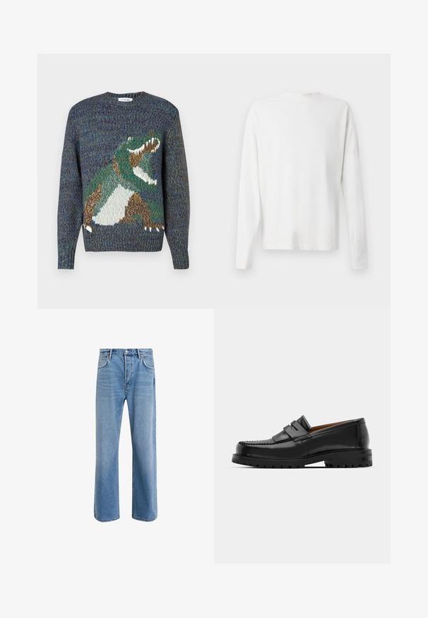 Sweater de malha com um design de dinossauro verde num fundo azul e multicolorido. Gola redonda e mangas longas, com tecido texturizado.; Camisa de algodão branca de mangas longas com decote redondo, fendas laterais na parte inferior e uma textura suave, mostrada de trás.; Calças de ganga azul claro com um design de perna reta, cinco bolsos, fecho de botão, desgaste mínimo e detalhes de costura em contraste.; Os mocassins de couro preto apresentam uma costura elevada, duas tiras decorativas na parte superior e uma sola grossa e texturizada para maior aderência.