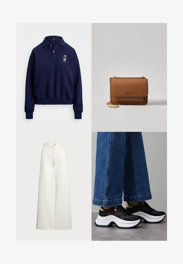 Námořnická modrá polo mikina vyrobená z bavlny. Má límec, dva knoflíky a vyšitý design na levé hrudi.; Džíny s širokými nohavicemi v off-white denim. Vysoký pas s knoflíkovým zapínáním, dvě přední kapsy a detaily kontrastního šití.; Černo-zlaté tenisky s prohnutou bílou podrážkou. Texturovaná tkanina s logovými akcenty. Kombinované s širokými modrými džínovými kalhotami.; Hnědá texturovaná kožená kabelka přes rameno se zlatým řetízkovým popruhem a klopnovým uzavíráním. Přední strana obsahuje detail loga a kapsu pod klopou.