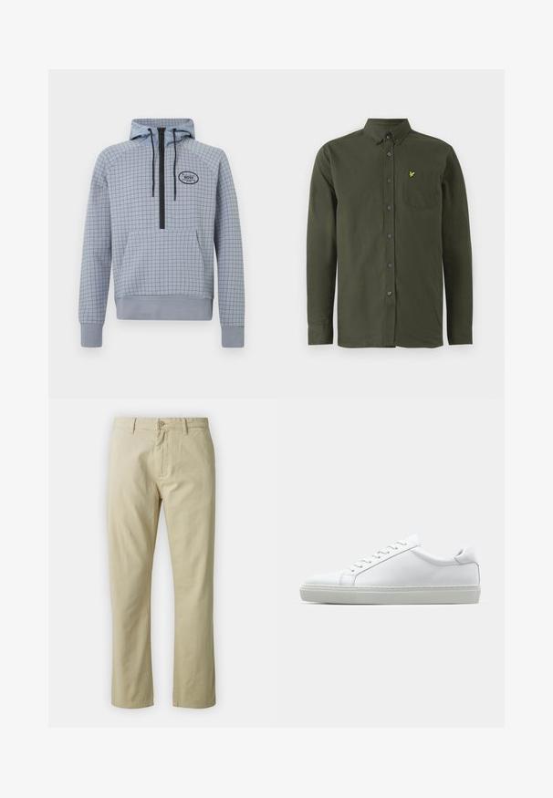 Šviesiai mėlyna džemperis su languotu raštu, pusiau užtrauktuko dizainas, reguliuojamos raišteliai ir priekinė kišenė. Juodas logotipas.; Tamsiai žalia ilga rankovė marškinėliai su mygtukais, mygtukų užsegimu, krūtinės kišenių ir mažas geltonas siuvinėtas paukščio logotipas ant kišenės.; Bežiniai medvilniniai kelnės su tiesiais blauzdomis, priekyje su mygtukų uždarymu ir diržo kilpomis. Lygus paviršius, nėra matomų raštų ar akcentų.; Baltas sportinis batelis su lygiu odiniu paviršiumi ir žemu profiliu. Turi suapvalintą pirštą, šešis akių skyrius ir tekstūruotą gumos padą.