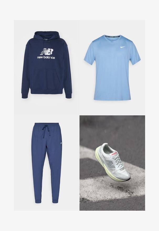 Mørkeblå hettegenser laget av bomullsblanding med kengurulomme, med en hvit New Balance-logo på forsiden.; Lys blå atletisk kortermet skjorte. Laget av glatt stoff, med rund hals og subtil Nike-logo i hvitt på brystet.; Mørkeblå treningsbukser med elastisk midjebånd, snøring og smale mansjetter. Har sidelommer og en liten logo på det ene benet.; Lett løpesko med et hvitt mesh-overdel, gul mellomsåle og grå detaljer. Har et fremtredende 'N'-logo og teksturert overflate.