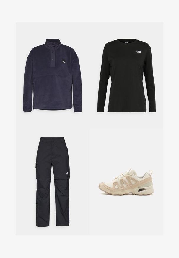 Jūras spēku zila flīsa jaka ar augstu apkakli, pus pogu aizdari un logo uzplecu. Ievērojama ar maigu tekstūru un taisnu griezumu.; Melnas garām piedurknēm T-krekls, izgatavots no kokvilnas ar apaļu kaklu. Tam ir mazs balts logo kreisajā krūtīs. Vienkāršs dizains un piegulums.; Melni nailona bikses ar noņemamām kājām, regulējamiem uzmavām, vairākām kabatām un logotipu uz labās kājas. Gluda, viegla tekstūra.; Beige un krēma sporta apavi ar strukturētu tīkla virsmu, atbalstošajiem slāņiem un gumijas zoli ar protektoru rakstu, kas nodrošina saķeri.