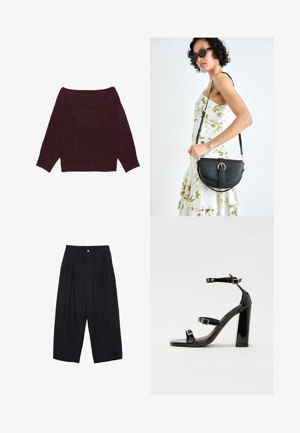 Burgunderroter schulterfreier Pullover mit geripptem Ausschnitt und Bündchen, leichtem Strickstoff und lockerem, kurz geschnittenem Schnitt.; Schwarze Polyester-Culotte mit einem elastischen Bund, zwei vorderen Falten und einer lockeren Silhouette. Keine sichtbaren Muster oder Hardware-Details.; Schwarze patentierte Sandalen mit Absatz, quadratischer Spitze, Knöchelriemen und silbernen Schnallen. Mit einem stabilen Blockabsatz für mehr Stabilität.; Schwarze Lederhandtasche mit geschwungener Form, abnehmbarem Tragegurt und goldenen Beschlägen. Die Tasche verfügt über einen Deckel mit einer Schnallen-Details.
