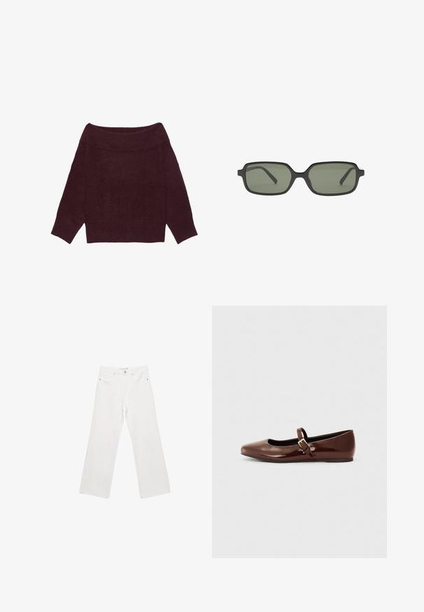 Bordowy sweter z odsłoniętymi ramionami, z prążkowanym dekoltem i mankietami, lekkiej dzianiny, luźny i krótki w kroju.; Białe dżinsowe spodnie o szerokich nogawkach z klasycznym pięciokomorowym wzorem, metalowymi elementami oraz kontrastowymi przeszyciami. Gładka faktura i luźny krój.; Brązowe lakierowane baletki z kwadratowym noskiem i paskiem z małą złotą klamrą. Gładka tekstura, niski obcas i minimalistyczny design.; Czarne prostokątne okulary przeciwsłoneczne z ciemnozielonymi szkłami, o płaskim designie, minimalistycznych bokach i lekkiej ramie zapewniającej komfort.; Czarna skórzana torebka z plecionymi uchwytami, kieszenią na zamek i zawieszkami. Teksturowana powierzchnia z metalowymi ćwiekami i akcentami ze stali.