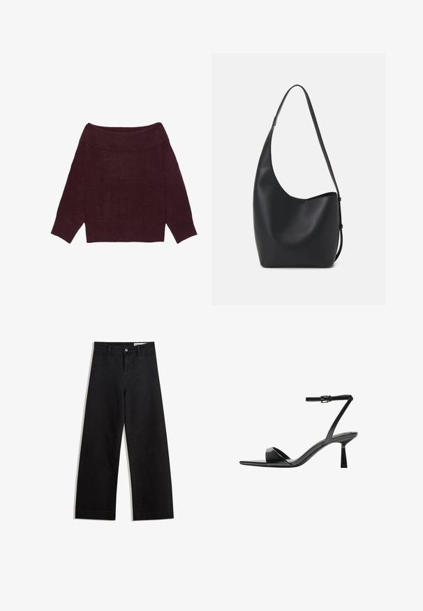 Bordo pulover otvorenih ramena s rebrastim izrezom i manšetama, lagane pletene teksture i širokog, skraćenog kroja.; Crne široke traperice s visokim strukom, s prednjim i stražnjim džepovima, šivenim šavovima i kopčanjem na gumb. Glatka tekstura.; Bershka Sandale s visokom petom - black; Crna kožna hobo torba s glatkom teksturom, zakrivljenim oblikom i jednom podesivom trakicom; ima širok otvor na vrhu.