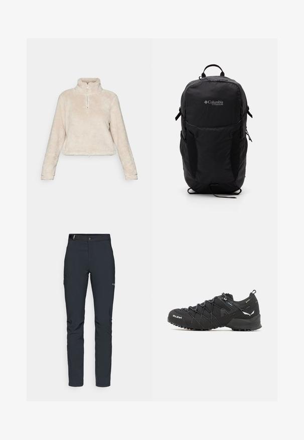 Pulover s četvrtim patentnim zatvaračem od flisa u svijetlo bež boji, s visokim ovratnikom, dugim rukavima i rubom sa vezicom. Mekana, teksturirana tkanina.; Muške outdoor hlače, tamno sive boje, izrađene od fleksibilnog materijala, s remenom, džepovima na patentni zatvarač i ojačanim šavovima.; Crne planinarske cipele s gornjim dijelom od teksturirane tkanine, sistemom vezivanja i čvrstim gumenim potplatom. Osvijetljene reflektirajućim detaljima i logotipima.; Crna Columbia Titanium ruksak s glatkom tkaninom, bočnim džepovima, gornjom ručkom i podešivim trakama. Minimalistički dizajn s suptilnim brendingom.
