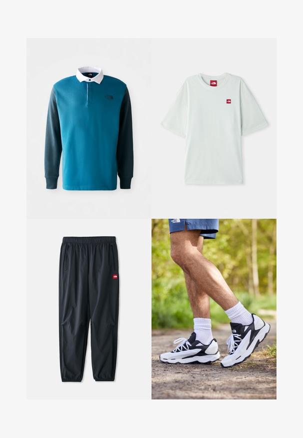 Polo a maniche lunghe in teal e verde scuro, con colletto bianco, patta con bottoni e un logo nero sul petto. Materiale in misto cotone.; T-shirt a maniche corte verde chiaro realizzato in morbido cotone, con un piccolo etichetta rossa sul lato sinistro del petto. Vestibilità rilassata e collo rotondo.; Pantaloni neri leggeri in materiale sintetico, dotati di una vita elastica, tasche laterali con zip e un piccolo logo rosso applicato.; Scarpe sportive in bianco e nero con tomaia in rete, dettagli testurizzati e lacci bianchi. Indossate con calzini bianchi alla caviglia e pantaloni corti blu navy su un sentiero.