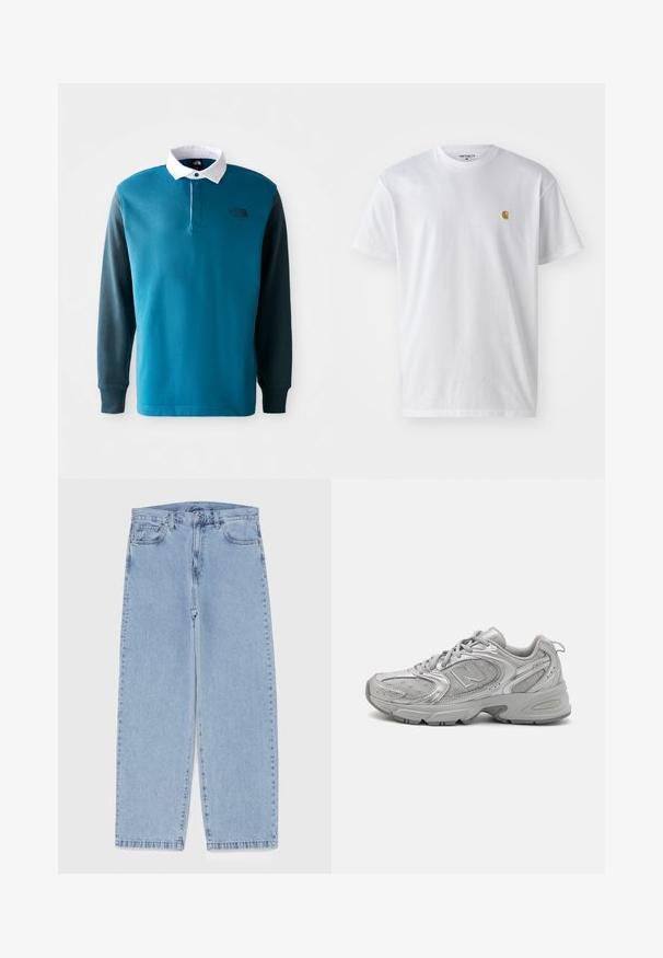 Langärmliges Polohemd in Petrol und Dunkelgrün, mit einem weißen Kragen, Knopfleiste und einem schwarzen Logo auf der Brust. Mischgewebe aus Baumwolle.; Weißes Baumwoll-T-Shirt mit kurzen Ärmeln, Rundhalsausschnitt, mit einem kleinen goldenen Logo im linken Brustbereich. Weicher Stoff und normale Passform.; Hellblaue Jeans aus Denim mit geradem Bein, ausgestattet mit einer mittelhohen Taille, fünf Taschen sowie einem Knopf- und Reißverschluss.; Silberner Sportschuh mit schlankem Design, Mesh-Einsätzen, gepolstertem Schaft, strukturiertem Synthetik-Obermaterial und Gummisohle für Traktion.